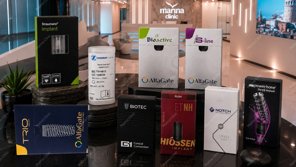 Dental implant brands displayed at Marina Clinic, including Straumann, Hiossen, Zimmer, and AlfaGate