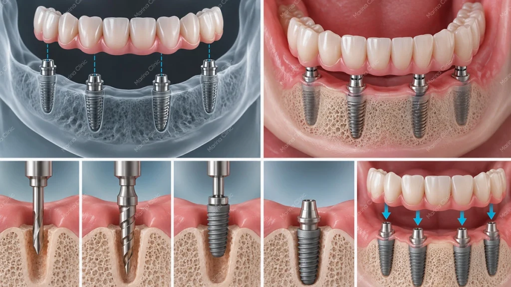 All-on-4 dental implants supporting a fixed full-arch bridge
