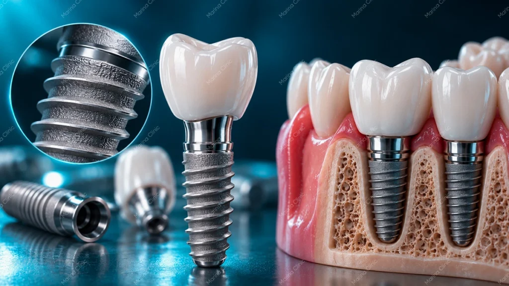 Dental implants and implant-supported crowns illustrating long-term implant durability