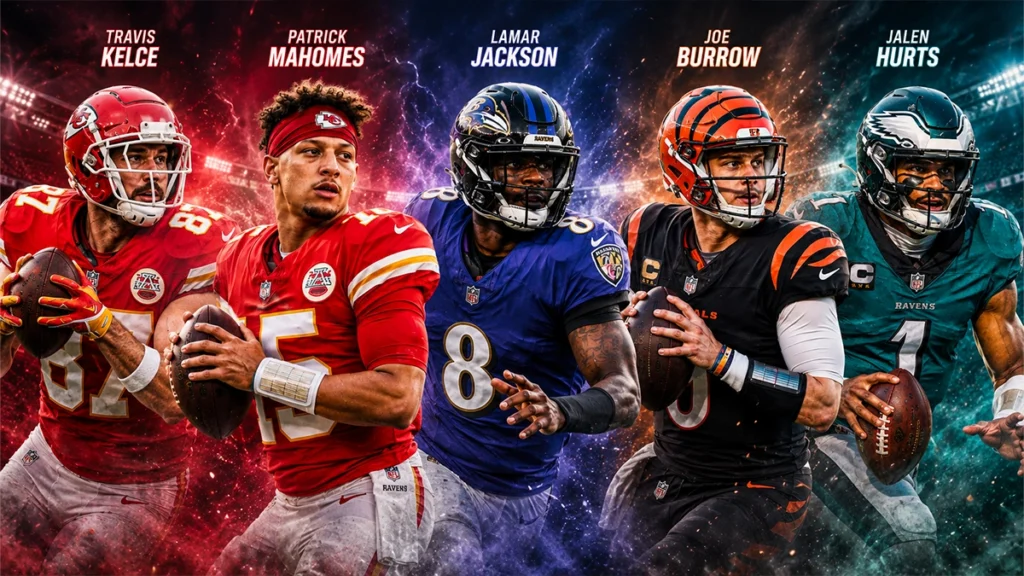 NFL quarterbacks Travis Kelce, Patrick Mahomes, Lamar Jackson, Joe Burrow, and Jalen Hurts