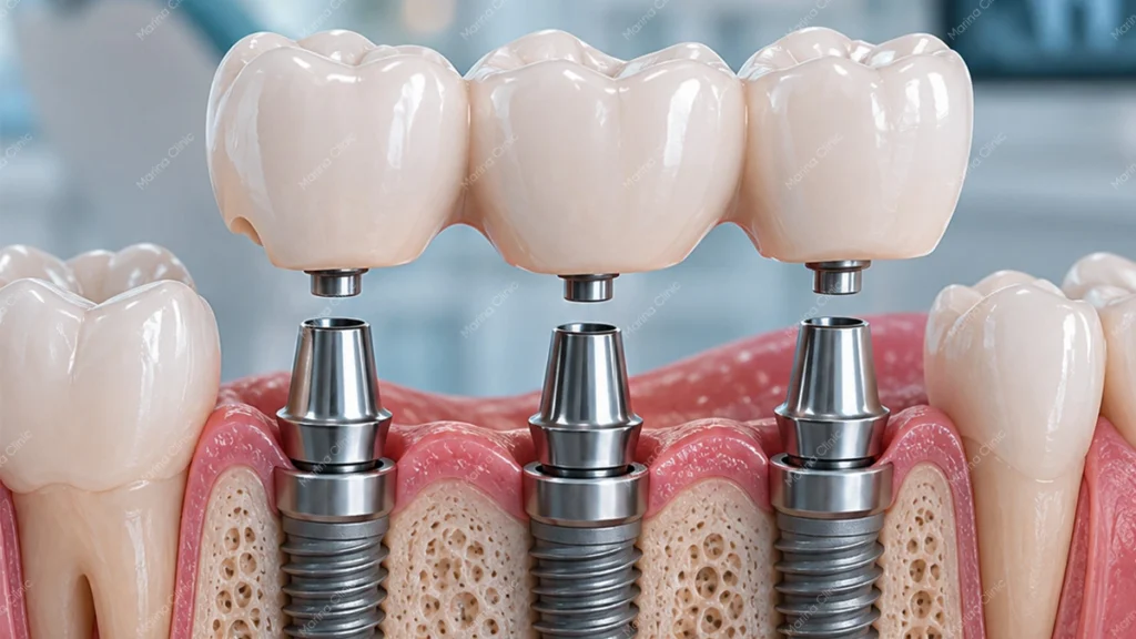 Dental implant-supported bridge anchored in the jawbone