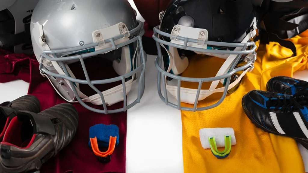 Football helmets and mouthguards for young athletes in contact sports