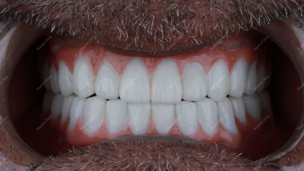 Full mouth dental implants after treatment showing restored upper and lower teeth