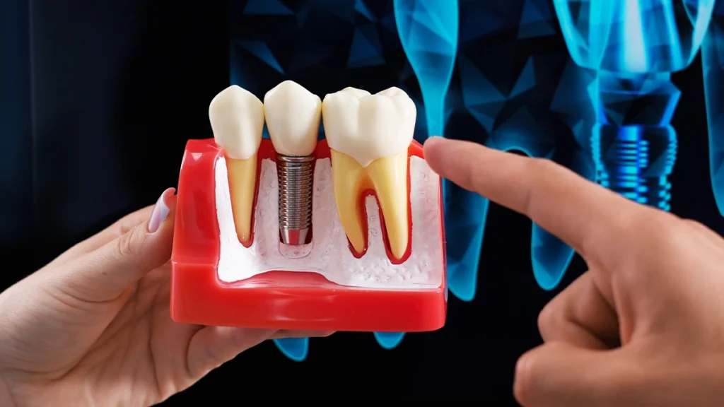 Dental implant model illustrating how patients can reduce the risk of dental implant failure