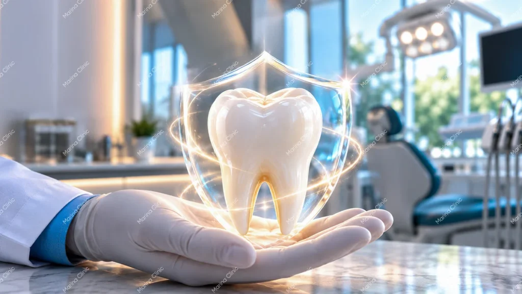 Natural tooth protected by a shield, illustrating tooth preservation before a dental crown or implant