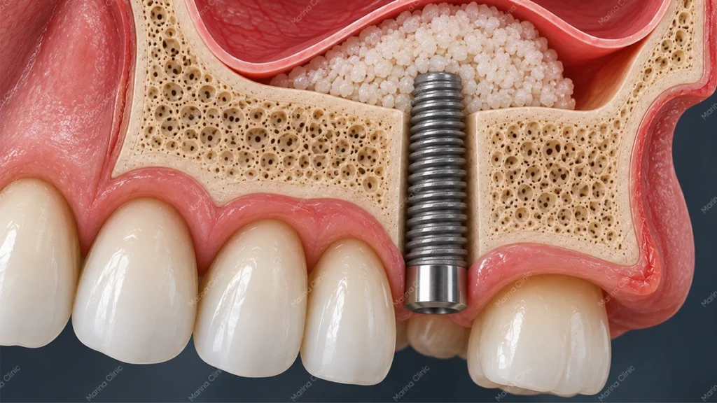 Bone graft and dental implant illustration showing added bone before implant placement