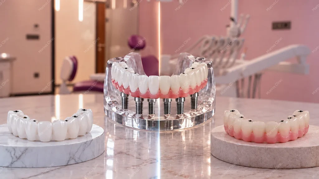 Full-arch zirconia and acrylic implant bridges comparison