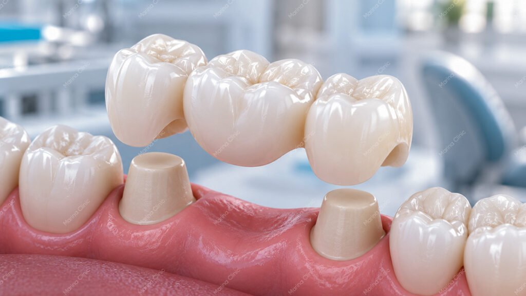 Ceramic dental bridge positioned over prepared abutment teeth