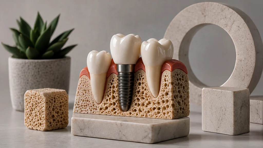 Successful dental implant integrated into jawbone model showing long-term implant stability