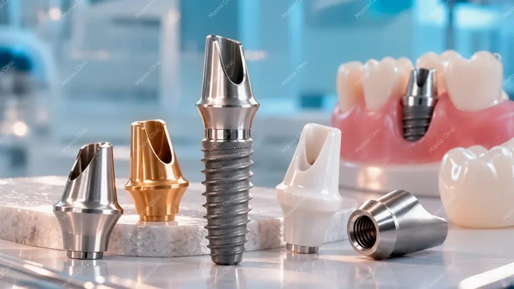 Dental implant fixture, titanium and ceramic abutments, and dental crowns illustrating factors affecting Hiossen vs Straumann implant costs.