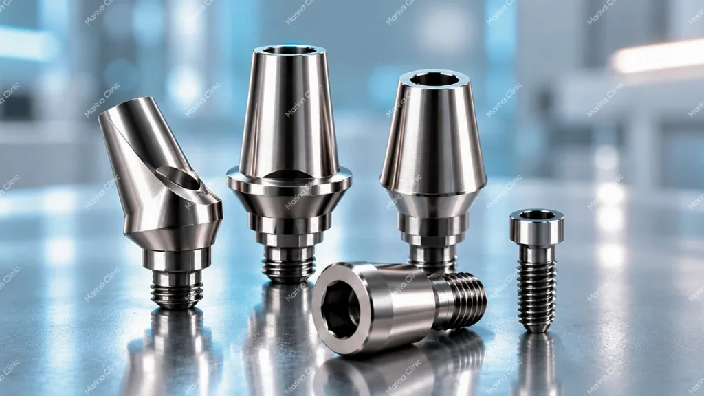 Dental implant abutments and restorative components used in implant-supported crowns and bridges