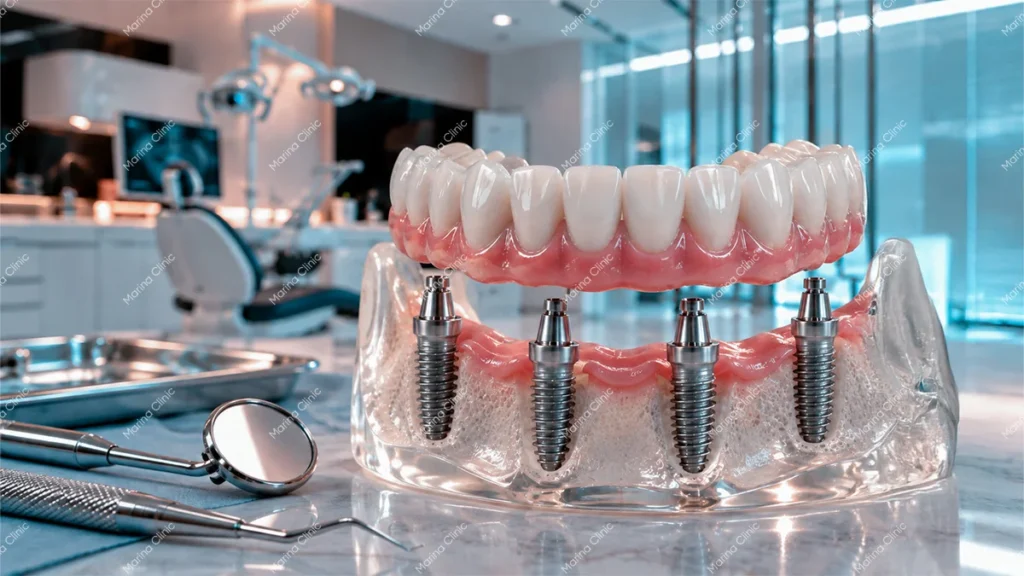 All-on-4 dental implants supporting a full-arch bridge with four implants, illustrating the treatment and cost in Turkey.