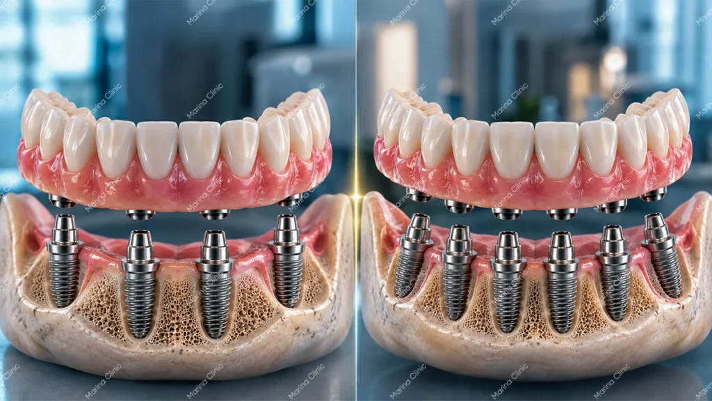 All-on-4 vs All-on-6 dental implants comparison showing four and six implants supporting fixed full-arch dental bridges.