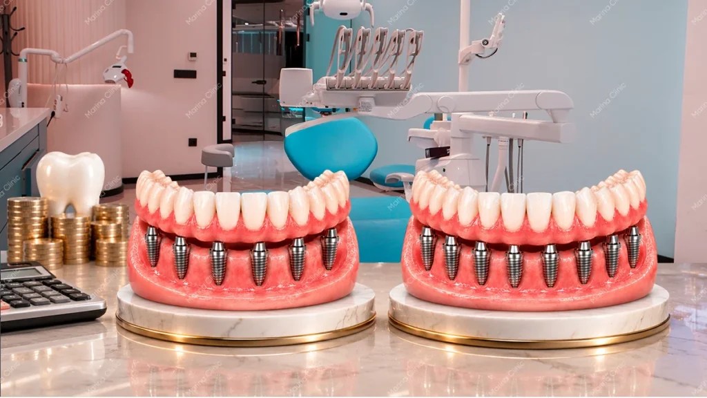 All-on-6 vs All-on-8 dental implants cost in Turkey, showing full-arch implant bridges with coins and a calculator.