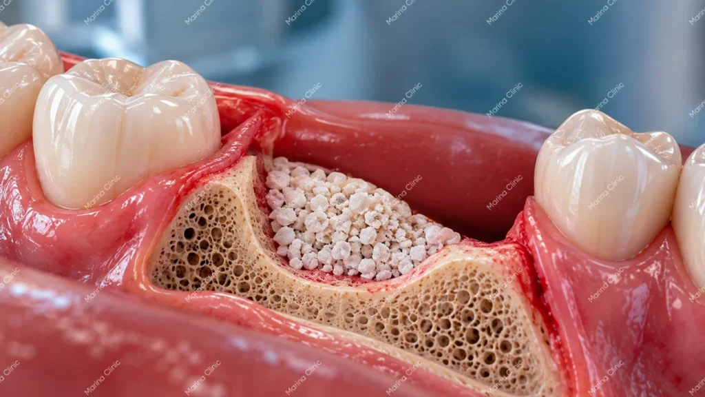 Dental bone grafting illustration showing bone graft material placed in the jawbone to support future dental implants.
