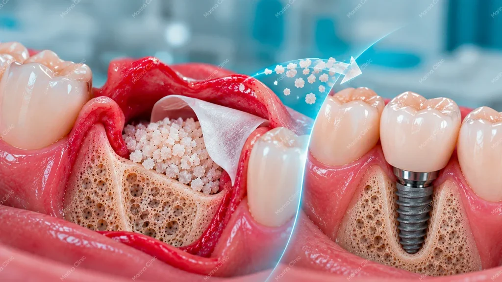 Dental implant with bone grafting procedure illustration