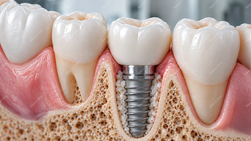 Dental implant embedded in the jawbone showing bone support and stability for All-on-6 vs All-on-8 dental implants.