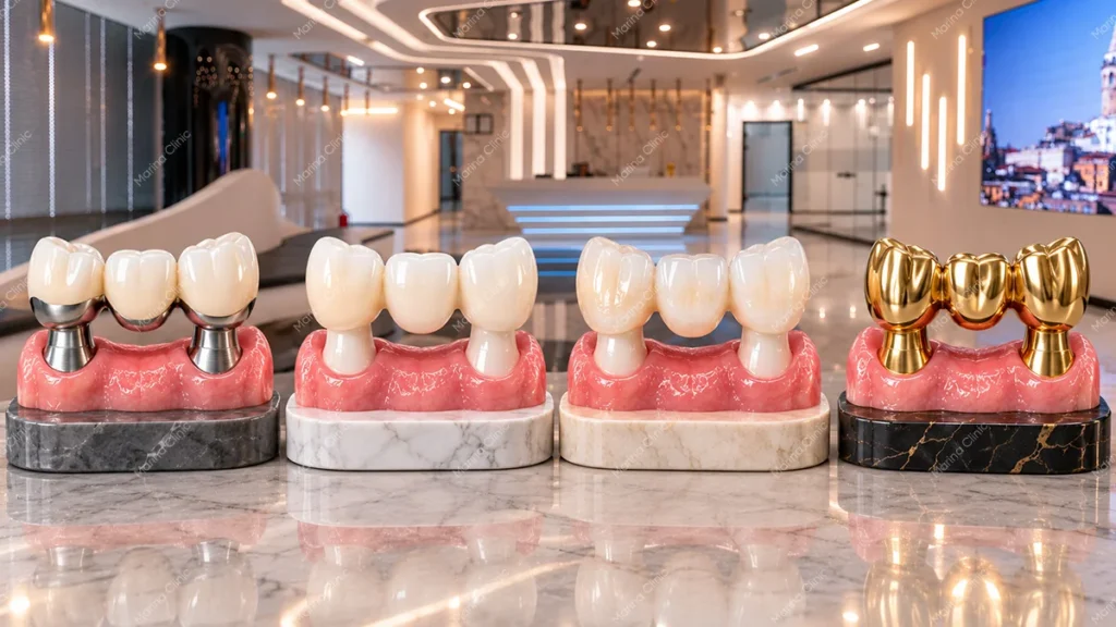 Comparison of dental implant bridge materials, including zirconia, acrylic, and metal-supported restorations for All-on-6 and All-on-8 treatments.