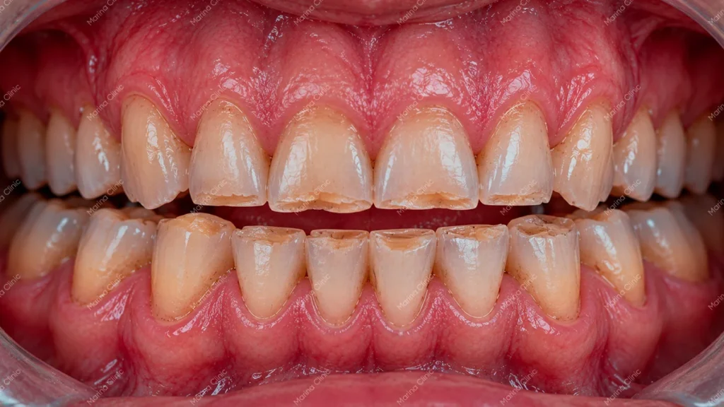 Close-up of natural teeth and gums showing dental wear and bite alignment considerations for All-on-6 implant treatment.
