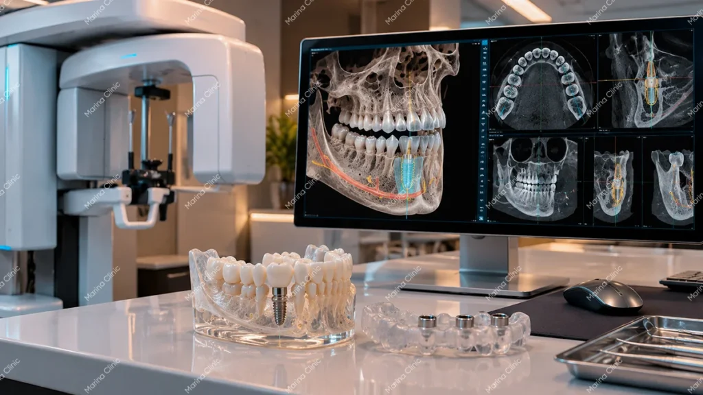 CBCT dental scan and 3D implant planning displayed on a monitor, showing the digital assessment process for All-on-4 dental implants.