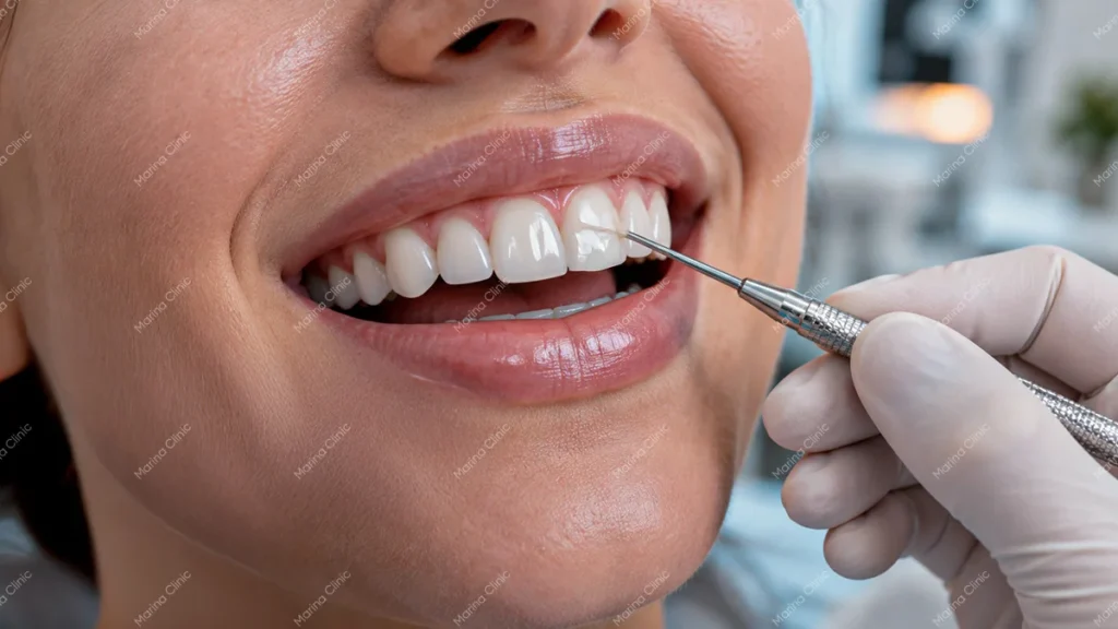 Dental professional examining composite bonding on front teeth, illustrating the durability, maintenance, and longevity of veneers vs composite bonding.