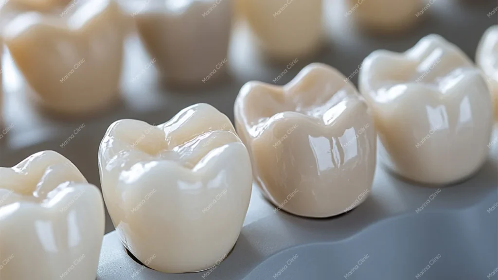 Close-up of natural-looking ceramic dental crowns used to restore damaged teeth and improve tooth shape and appearance.