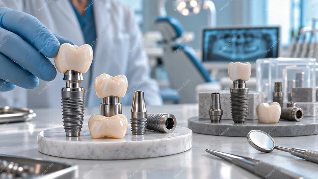 Dental implant fixtures, abutments, and crowns illustrating factors affecting All-on-6 dental implant cost in Turkey.