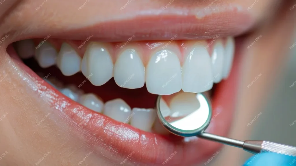 Close-up of a natural-looking smile with dental veneers and a dentist's mirror, highlighting porcelain, E-max, and composite veneer materials.