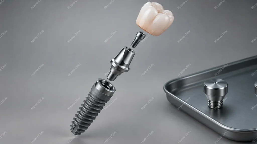 Dental implant components showing a ceramic crown, abutment, and implant connection used in German and Swiss dental implant systems.