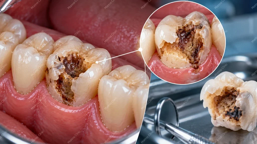 Close-up of a severely decayed molar with a large cavity and damaged tooth structure that may require a dental crown.