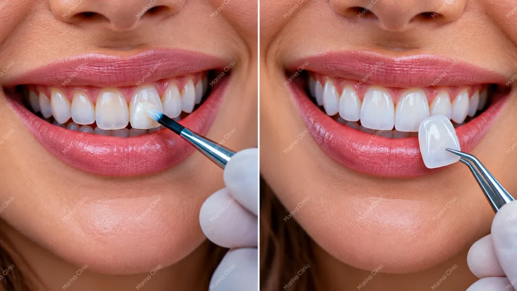 Front teeth bonding vs porcelain veneers comparison showing natural-looking smile results, tooth color matching, and cosmetic dental treatments.
