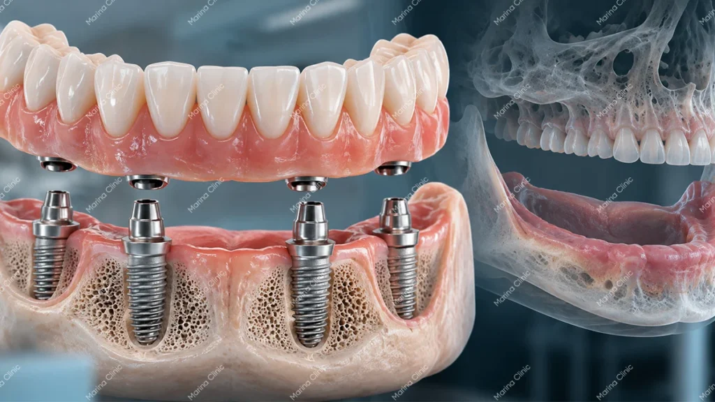 All-on-4 dental implants supporting a fixed full-arch bridge, with a jawbone illustration showing implant placement and bone support.