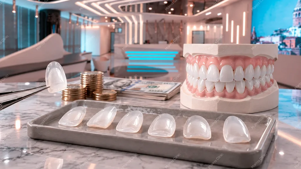 Porcelain dental veneers displayed beside a model of teeth, illustrating full mouth veneers cost and cosmetic smile makeover options in Turkey.