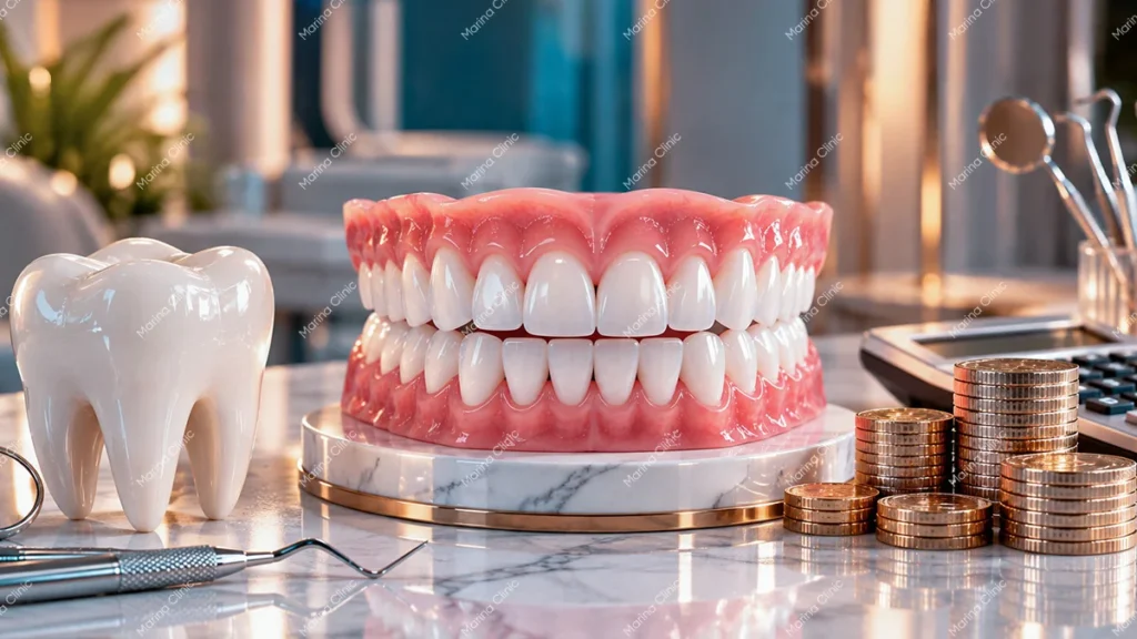 Veneers cost in Turkey vs Germany comparison with dental model, coins
