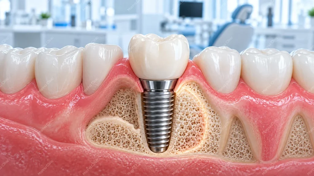 Dental implant placement showing implant fixture, abutment, and crown