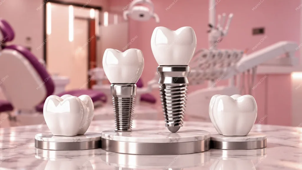 Dental implant fixtures with ceramic crowns illustrating implant systems used in All-on-6 full-arch treatment.