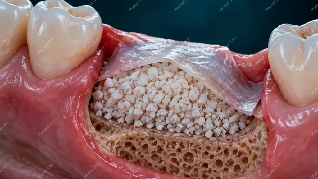 Dental bone grafting model showing bone graft granules and protective membrane used to prepare the jawbone for dental implants.