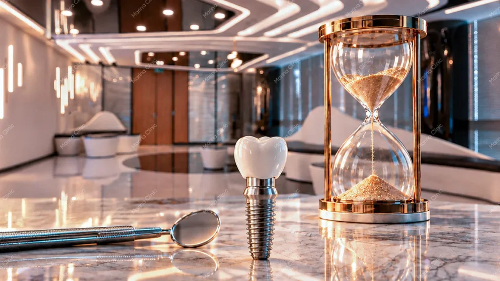 Dental implant beside an hourglass, symbolizing implant longevity and lifespan in the snap-on dentures vs All-on-4 comparison.