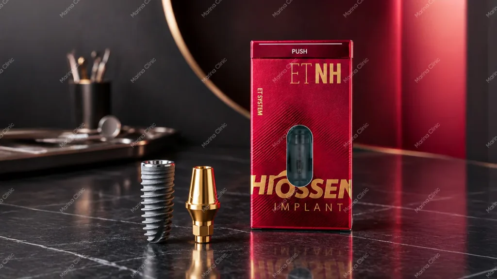 Hiossen ET NH dental implant system showing a titanium implant, abutment, and original Hiossen packaging.
