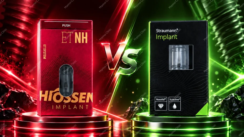Hiossen vs Straumann dental implants comparison showing Hiossen ET NH and Straumann Roxolid SLActive implant systems.