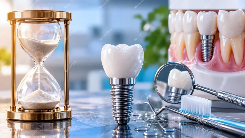 Dental implant, hourglass, and cleaning tools illustrating All-on-6 longevity, oral hygiene, and long-term maintenance.
