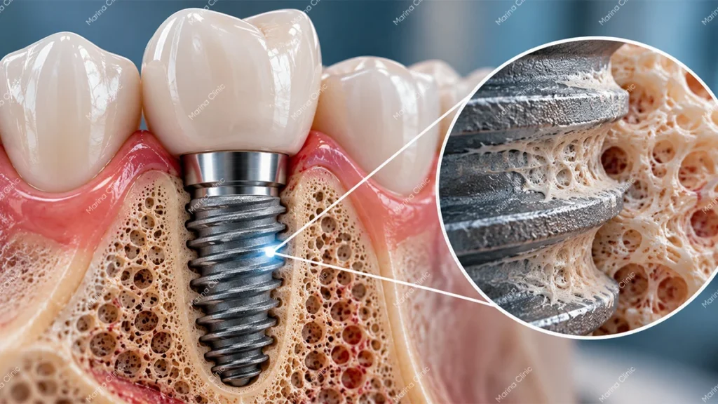 Dental implant osseointegration illustration showing a titanium implant integrating with the jawbone during the healing process.
