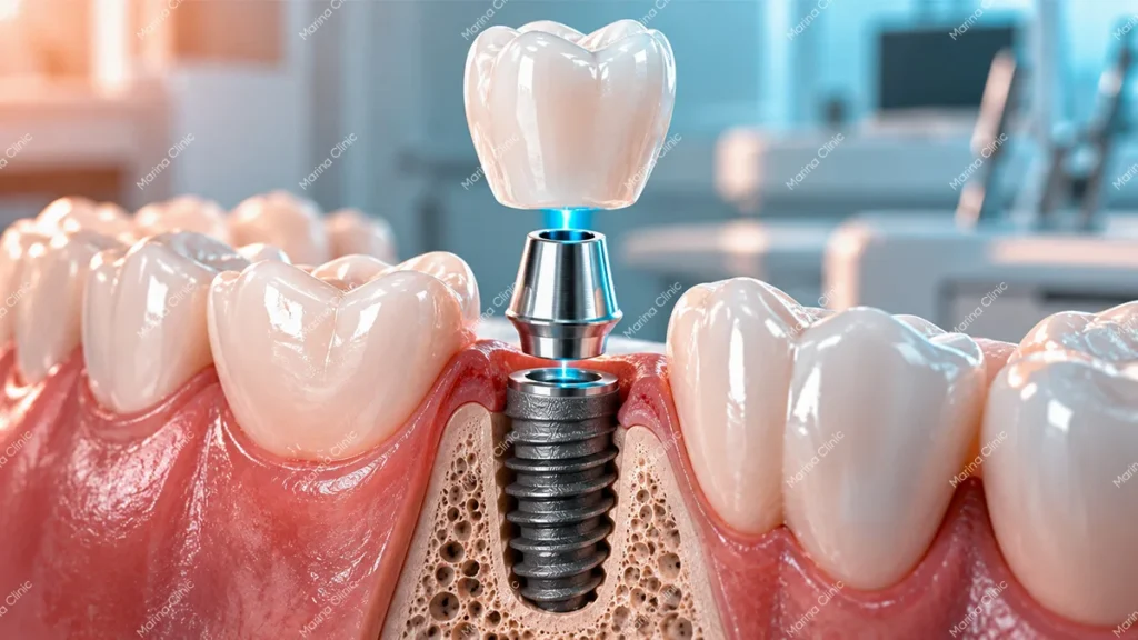 Dental implant with abutment and crown used for single-tooth replacement
