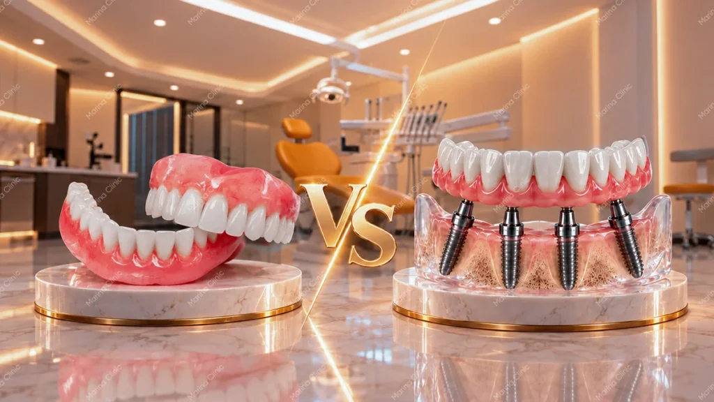 Snap-on dentures vs All-on-4 dental implants comparison showing removable dentures and a fixed full-arch implant-supported bridge.