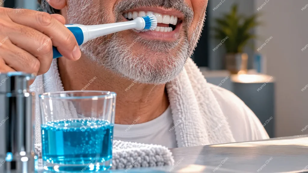 Older man brushing his teeth with an electric toothbrush, illustrating daily oral hygiene and maintenance for All-on-4 dental implants and dentures.
