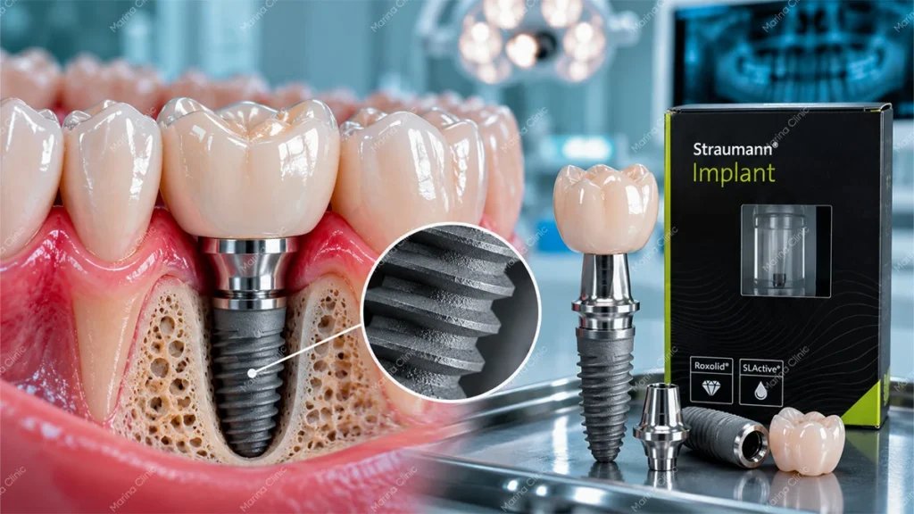 Straumann dental implant system with implant components and dental restoration