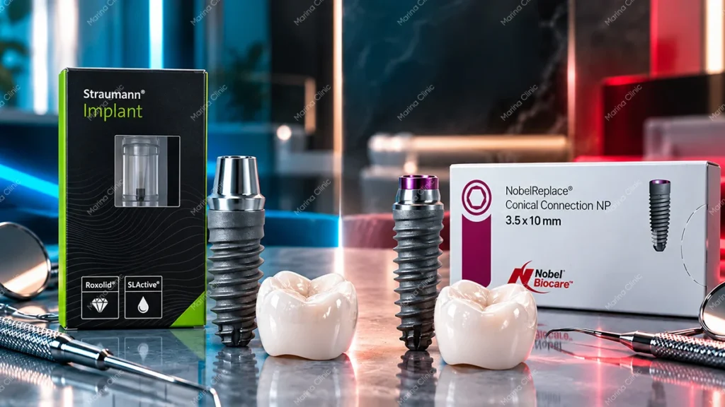 Straumann and Nobel Biocare dental implants displayed with implant fixtures and crowns, representing leading Swiss dental implant brands.