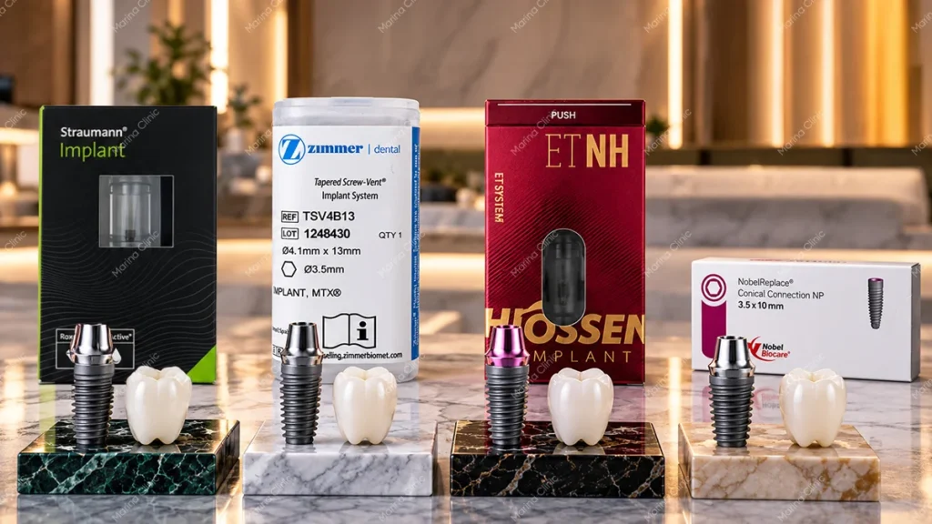 Straumann, Zimmer, Hiossen, and Nobel Biocare dental implant brands displayed side by side for All-on-6 comparison.