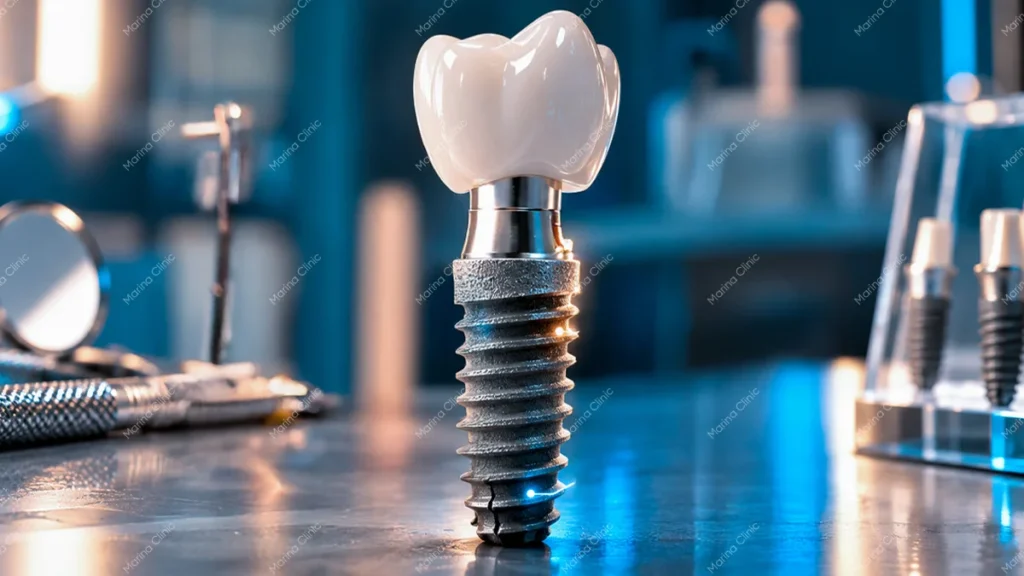 Titanium dental implant with abutment and ceramic crown, illustrating implant materials, connection design, and restorative technology.