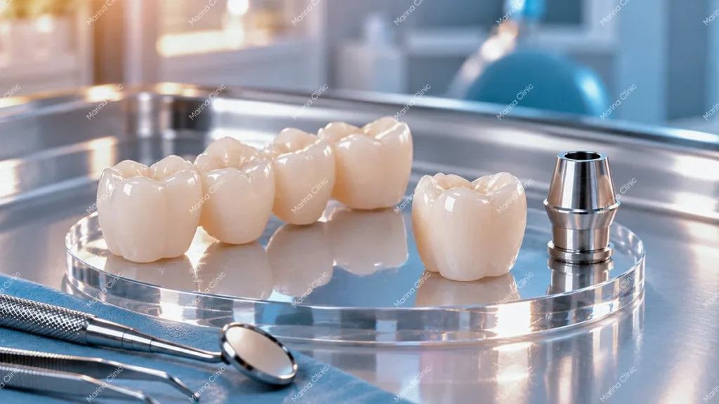 Dental crowns and implant abutment displayed for comparison of Nobel Biocare and Zimmer implant treatment quotes